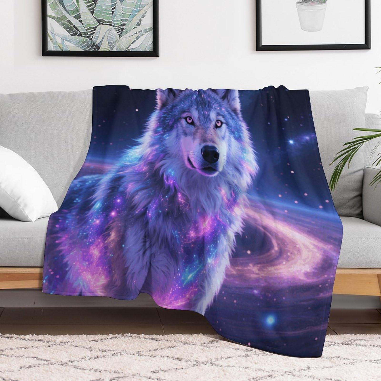 Plaid loup galaxie 101x127 cm idéal pour vos moments cocooning sur le canapé