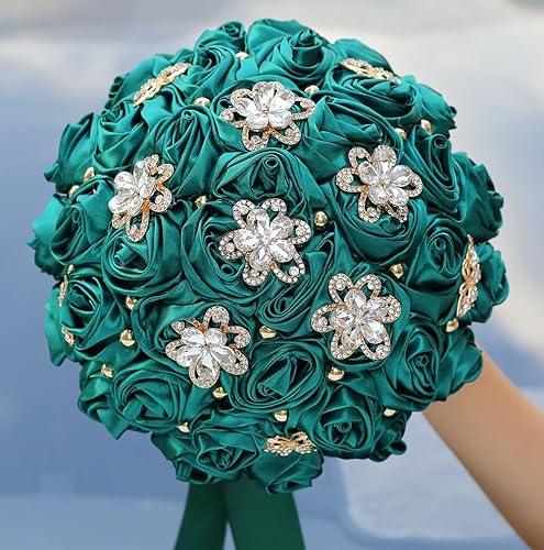 Miniatura 5 de Mini ramo de novia de 5.9 pulgadas hecho a mano de satén rosa redonda ramo de boda lanzamiento lanzamiento ramo de flores artificiales verde oscuro