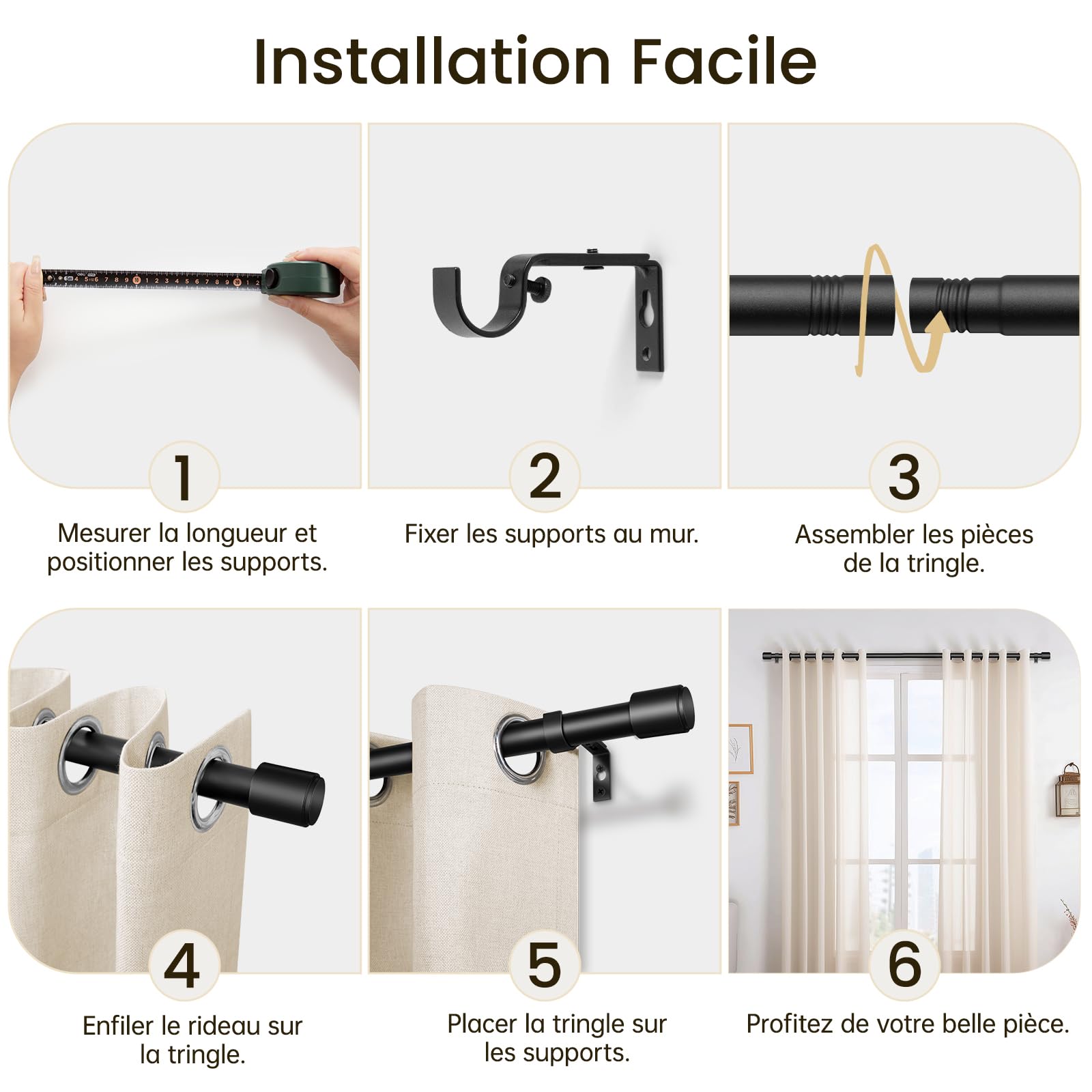 Tringle à Rideaux 81-218 cm Noir Mat, Ø 25 mm Barre en Métal pour Rideaux à Œillets, Extensible, Idéal pour Chambre, Salon & Porte-Fenêtre