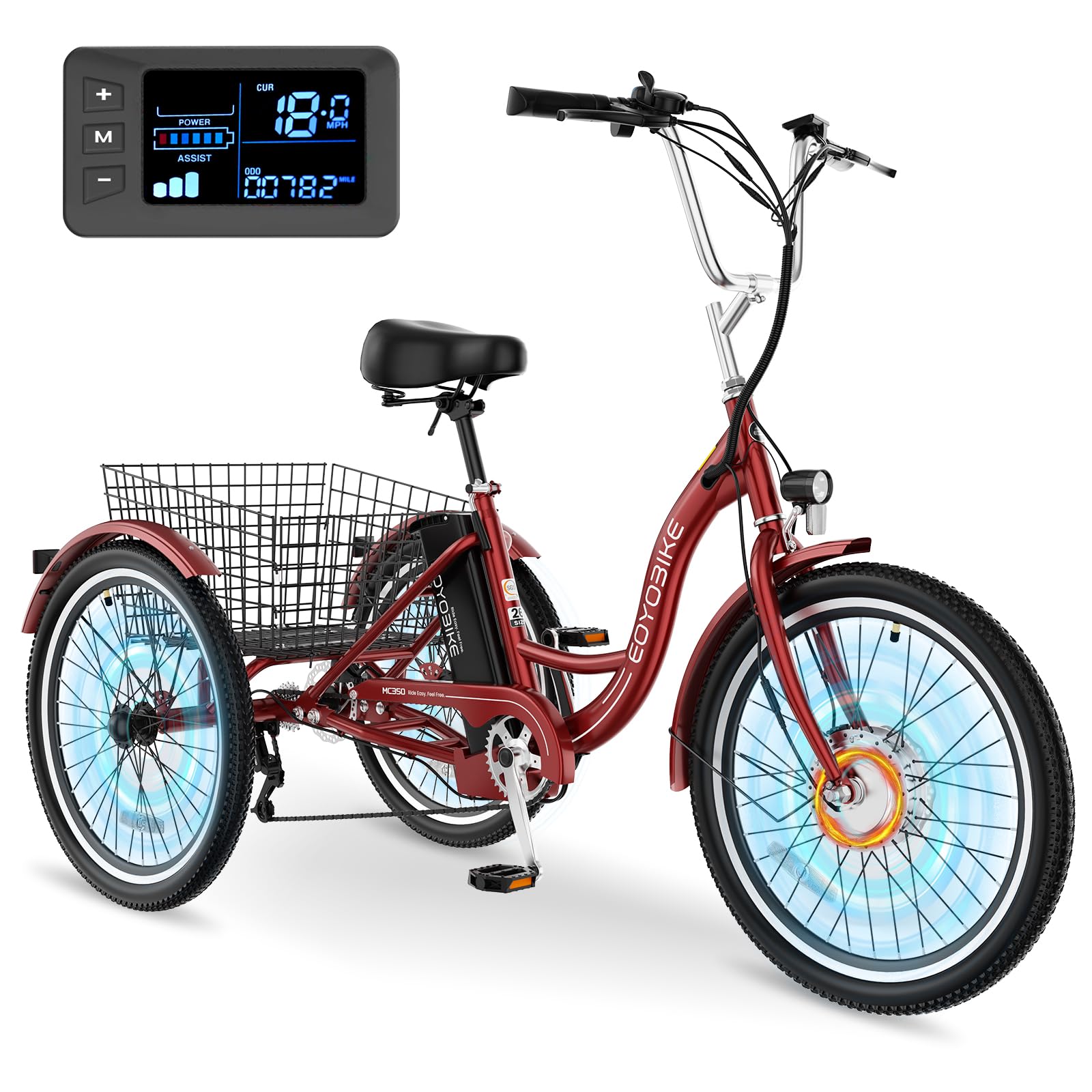 MOONCOOL Electric Tricycle for Adults, 350W 36V Electric Trike Motorized Three Wheel Electric Bicycle, 7 Speeds 3 Wheels Adult Electric Tricycle with Large Basket Up to 40Miles