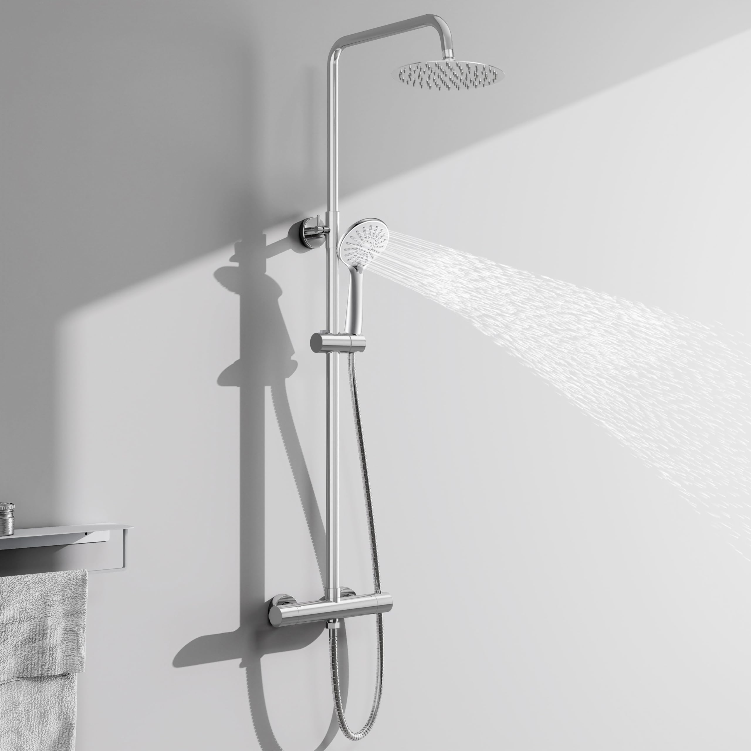 AICA Ensemble de Colonne de Douche Thermostatique pour Salle de Bain, Robinet de Douche Thermostatique en laiton, 3 Modes de Pulvérisation, Chromé, Hauteur Réglable 715 mm-1205 mm (argent)