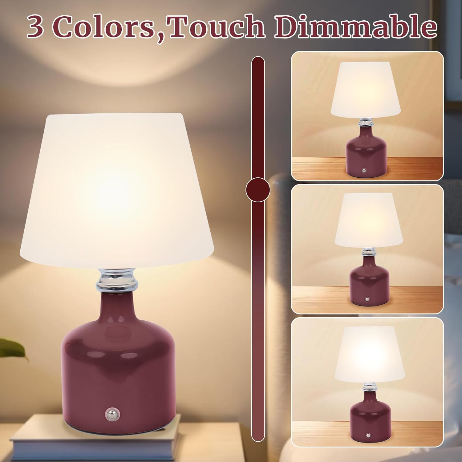 Cordless Small Table Lamps Rechargeable,3 Color Dimmable Modern Bedside Lamps,5000mAh Battery Operated,3-Level Brightness,Portable LED Desk Lamp for Bedroom,Dining,Patio,Restaurant,Outdoor (Red)