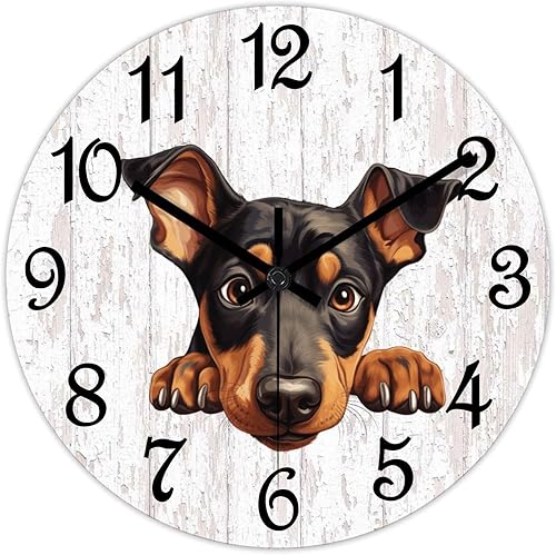 COCOKEN Doberman Pinscher - Reloj de pared de PVC para cachorros, de 12 pulgadas, estilo rústico, de granja, silencioso, funciona con pilas,