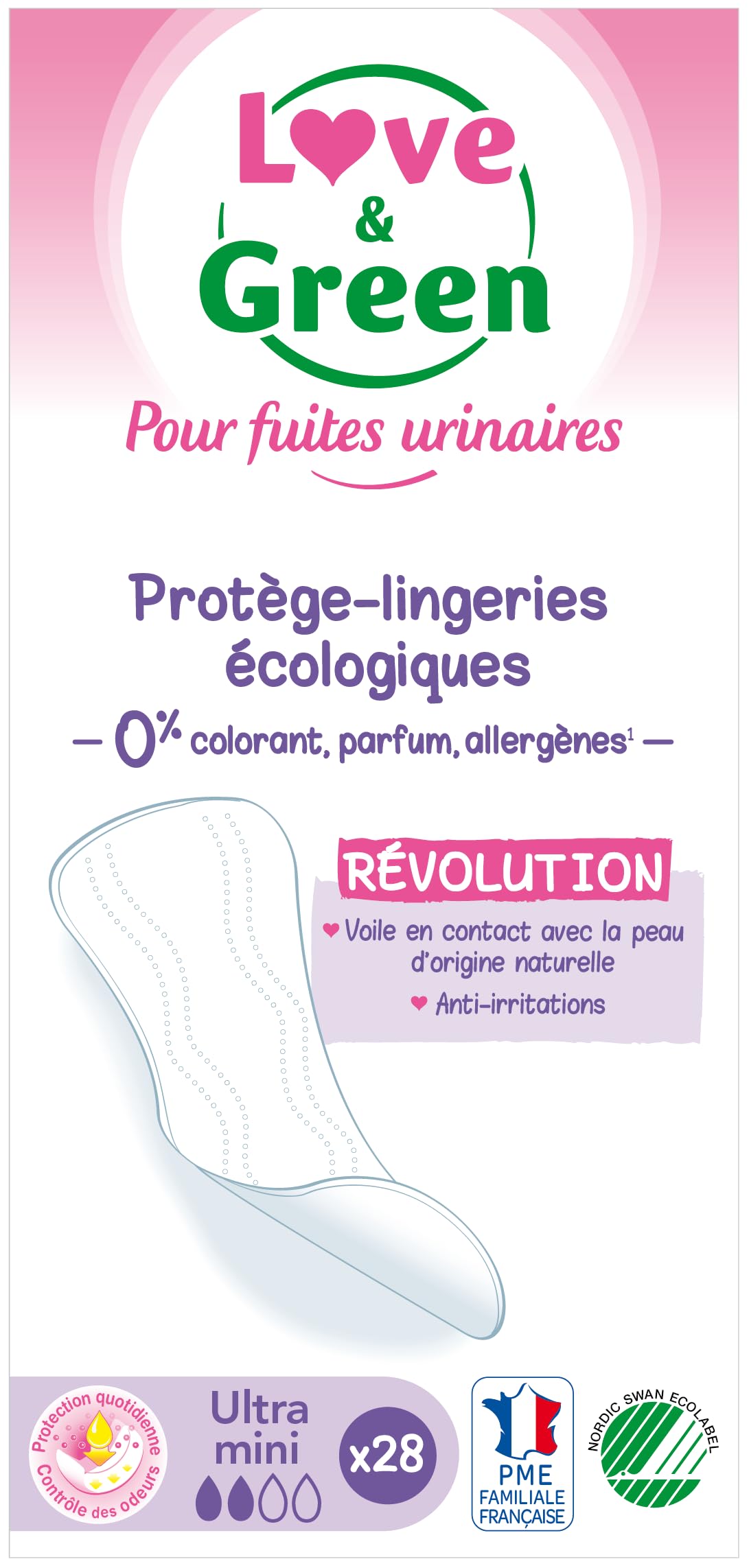 Love & Green - Protège-​lingeries Incontinence/​Fuites urinaires - Protections écologiques absorbantes pour fuites urinaires légères - ULTRA MINI (28 unités)