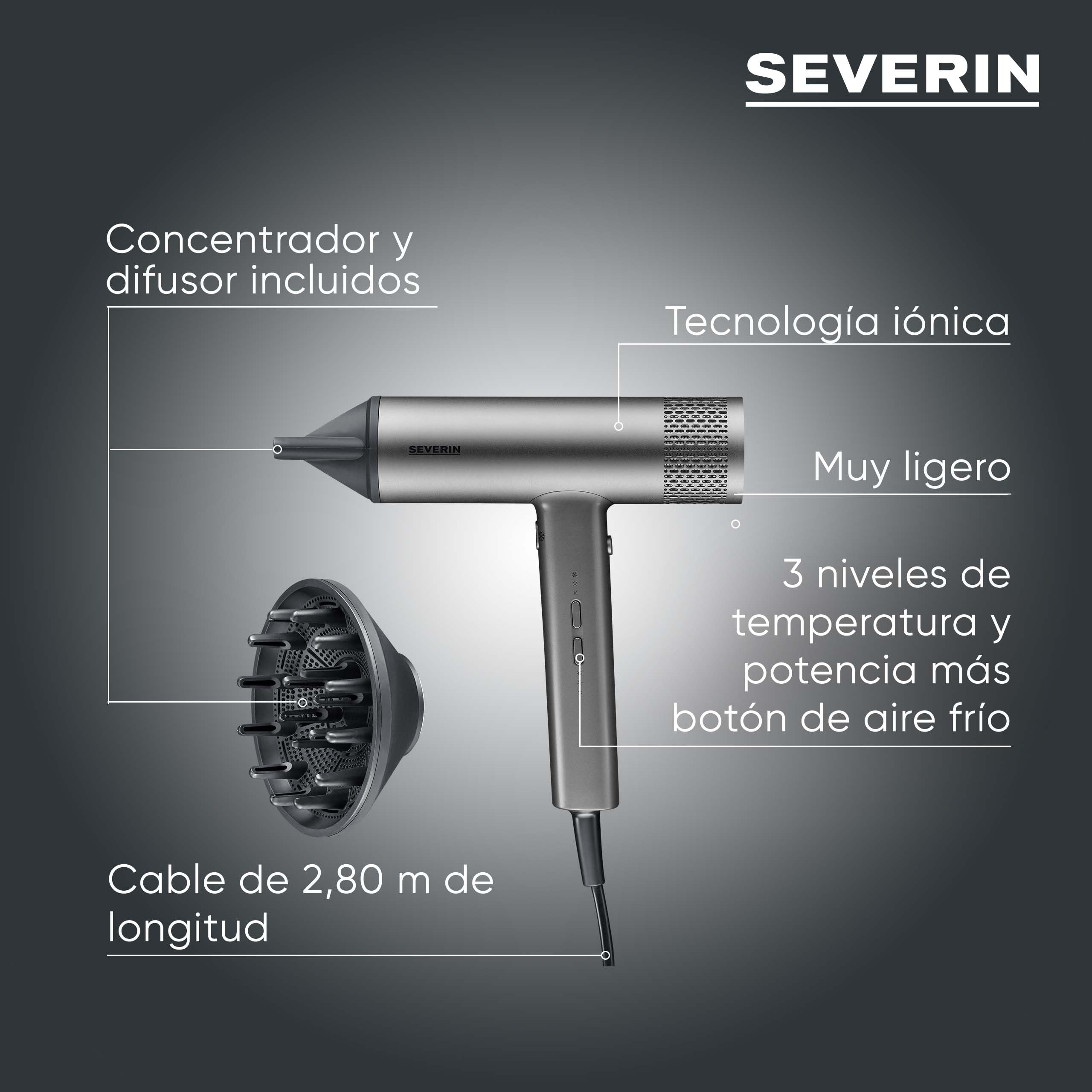 SEVERIN Secador de pelo de alto rendimiento con motor BLDC y tecnología iónica, Secador de pelo con difusor magnético y concentrador, Potencia de 2.000 W, Gris, HT 0169