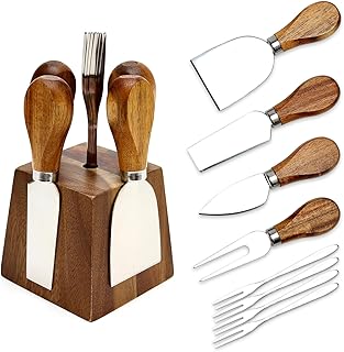 9 Pack Cheese Knives with Holder Acacia Wood Charcuterie Serving Utensil...