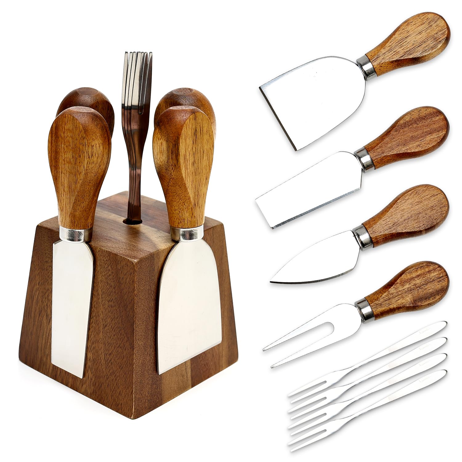 9 Pack Cheese Knives with Holder Acacia Wood Charcuterie Serving Utensils Supplies Cheese Knife Set for Charcuterie Board Accessories Cheese Tools Gift Mini Butter Knife Spreader Slicer Fork