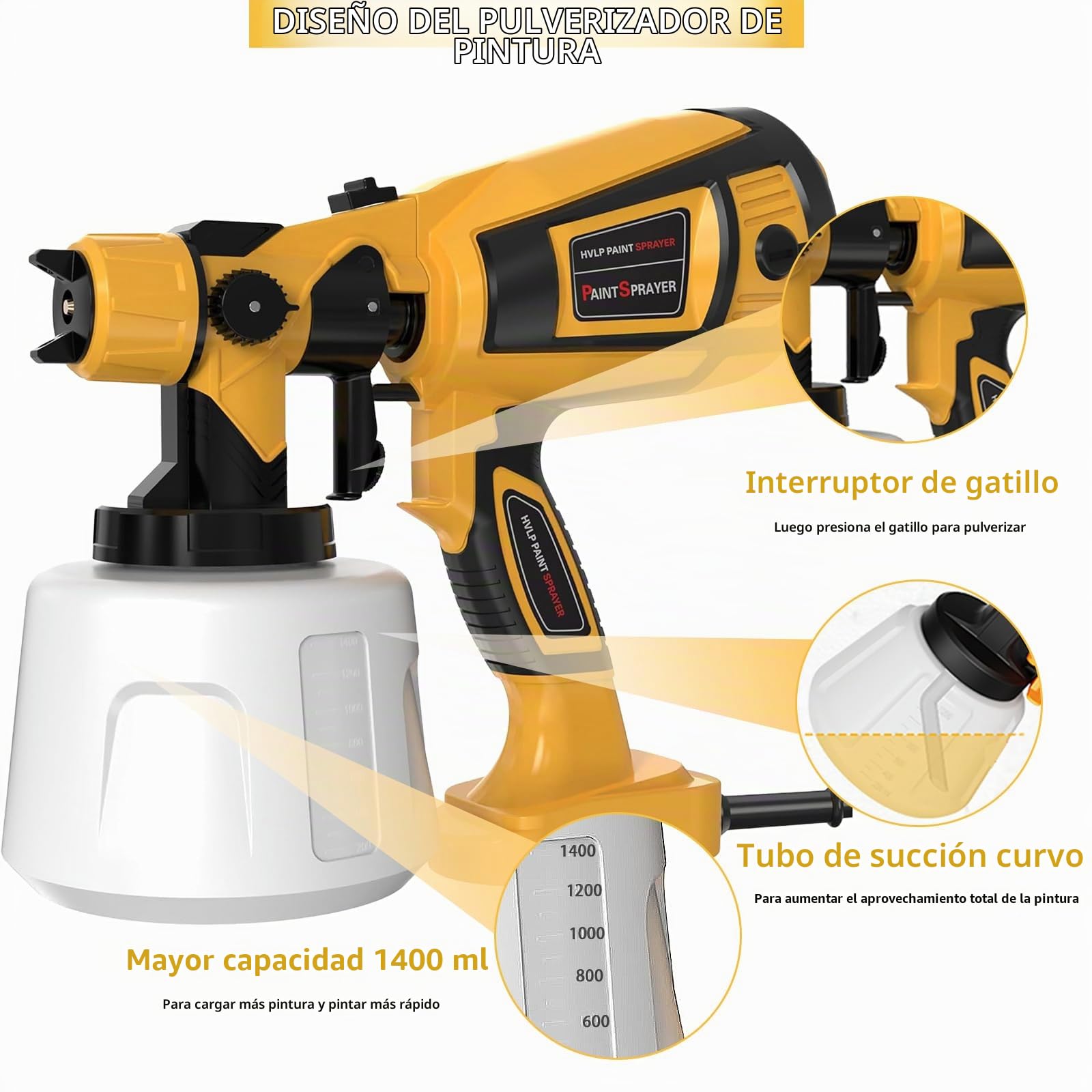 TOPALL Pistola Pintura Electrica,Pistola Pintar Electrica Pulverizador de Pintura,con 5 Boquillas y 3 Patrones Pistola para Pintar Paredes y Techos,850W 32000PRM 1400ML HVLP