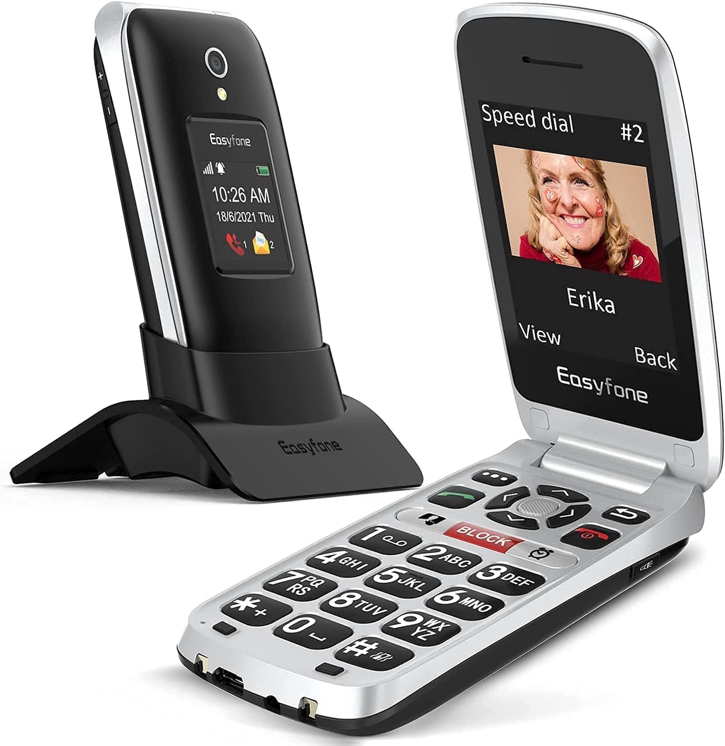 Easyfone Prime-A1 Pro 4G gsm Teléfono Móvil para Mayores con Tapa y Teclas Grandes, Telefono Fácil de Usar para Ancianos con Botón SOS y Base de Carga (Negro)