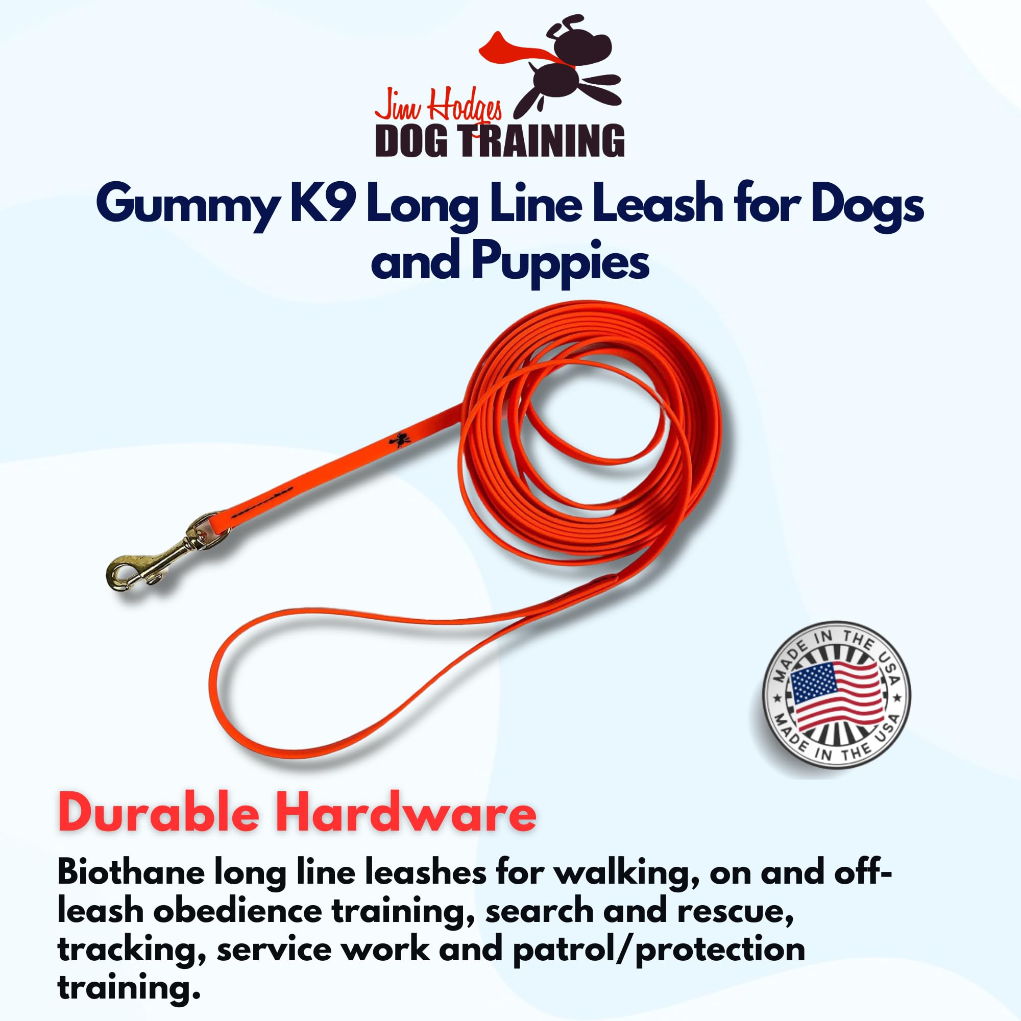 JIM HODGES DOG TRAINING Gummy K9 Biothane Long Line Leash for Dogs 10,15,20 and 32.5 Feet, Walking Tracking Training Service - Image 2