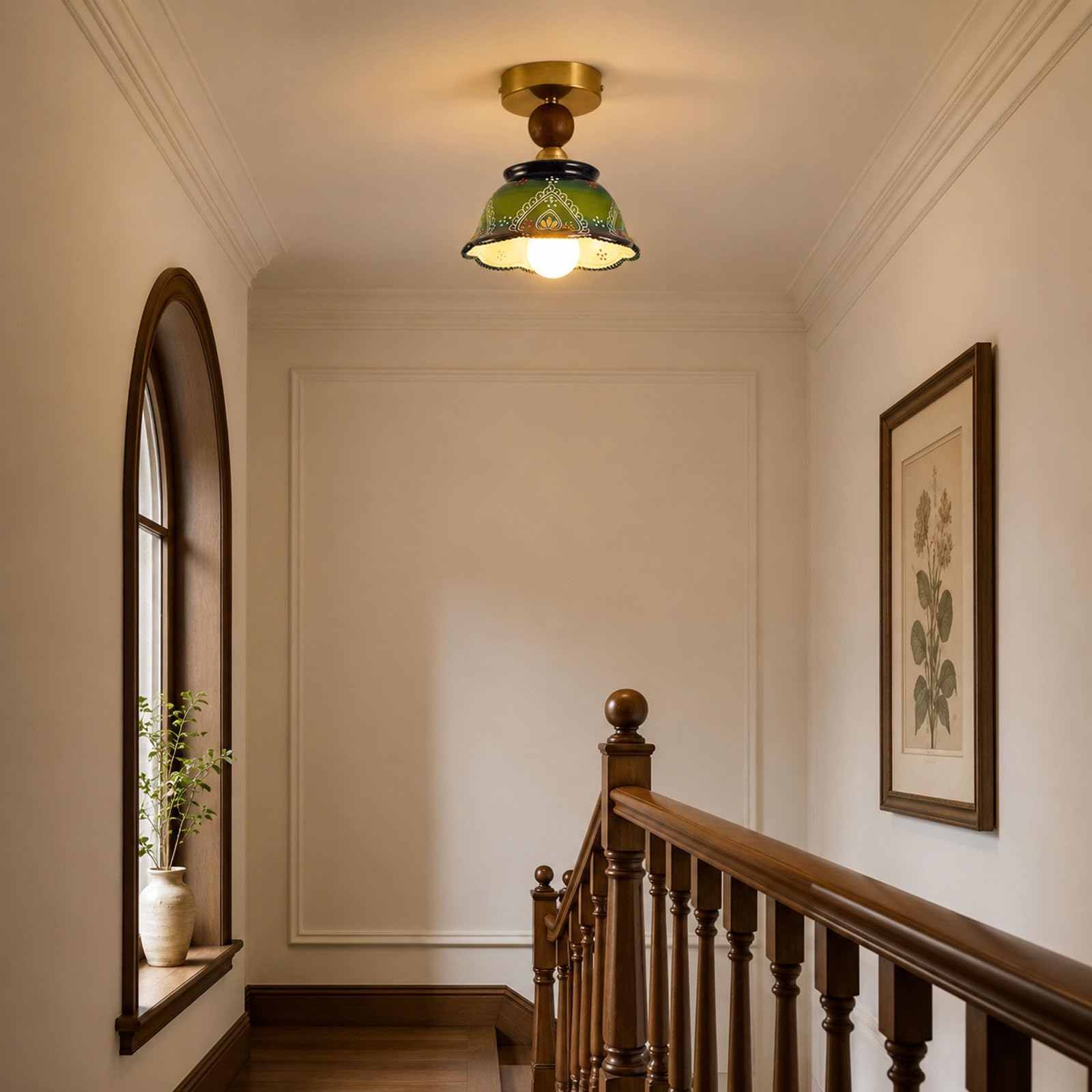 Zielona ceramiczna lampa sufitowa, zabytkowa oprawa sufitowa do montażu podtynkowego