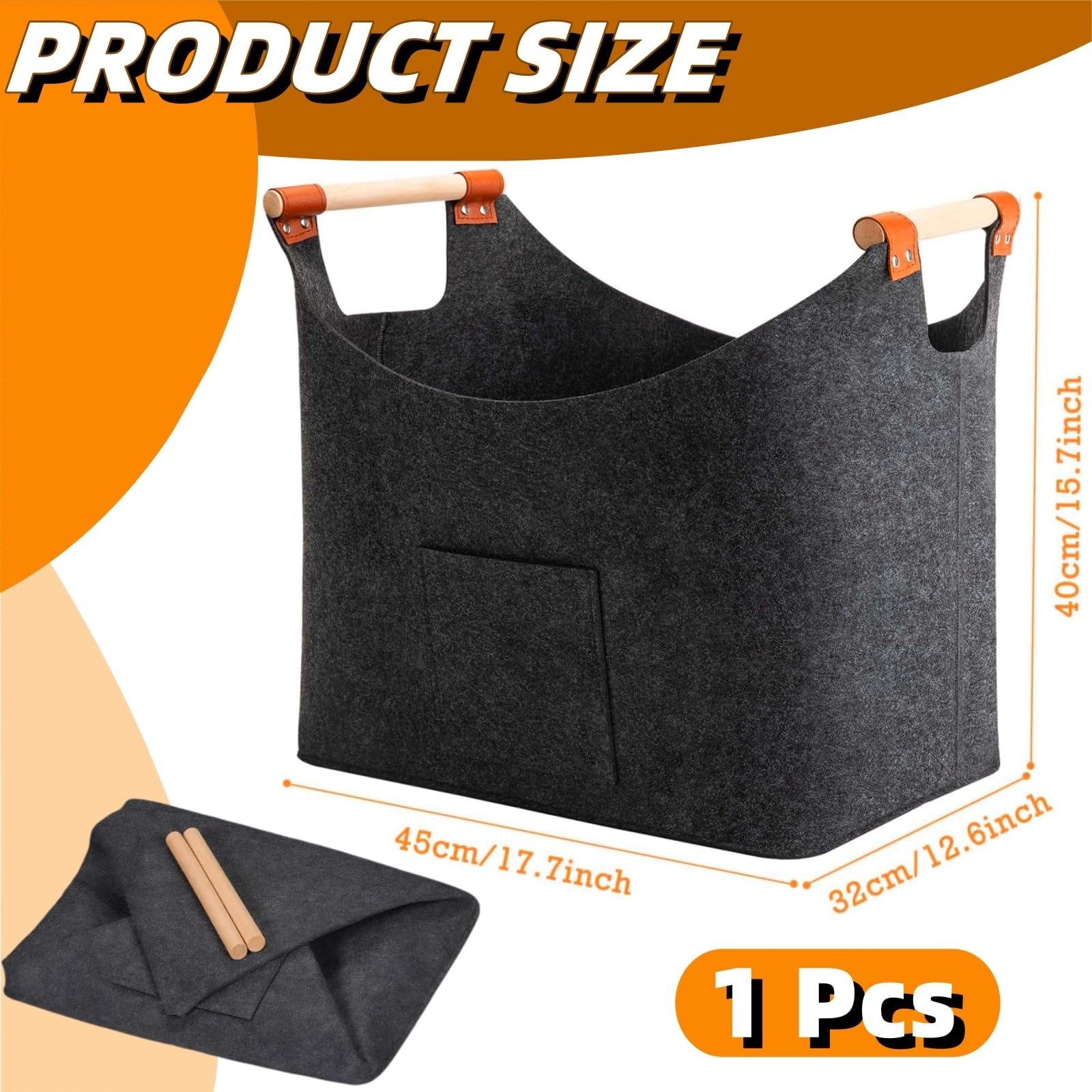 Panier à Bois de Chauffage Extra Large 50L Gris Foncé, Sac Pliable en Feutre avec Poignée Renforcée