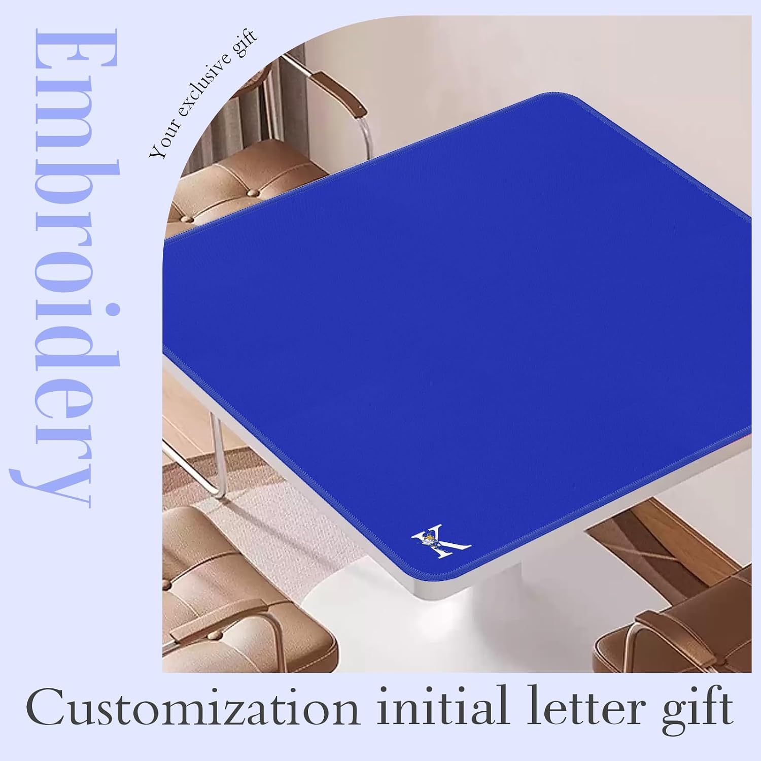 Mahjong Mat for Table | Neoprene Anti-Slip Noise Reduction | 32.4x32.4 Inch Blue | Perfect for American Mahjong, Poker, Card & Board Games | Great Gift Idea(Custom Letter K Edition)