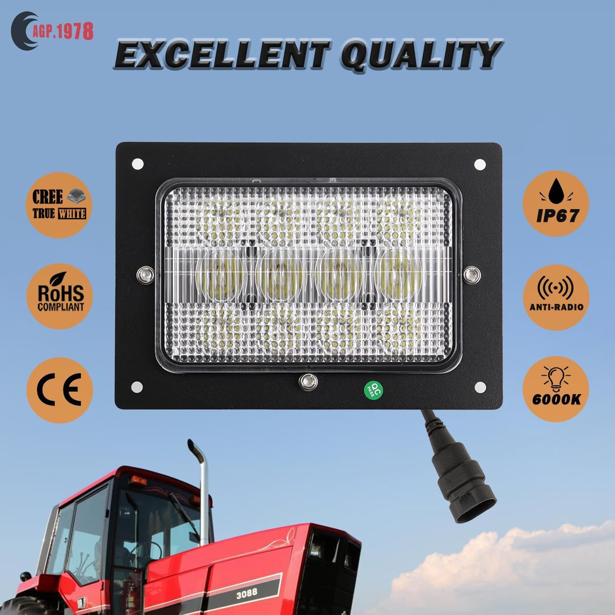 Led Headlights 4X6In 60W Flood Light Compatible with Case/IH3088,3288,3488,3688,5088,5288,5488 International Tractor 3088,3288,3488,3688,5088,5288,5488 with 9005 Male Adapter