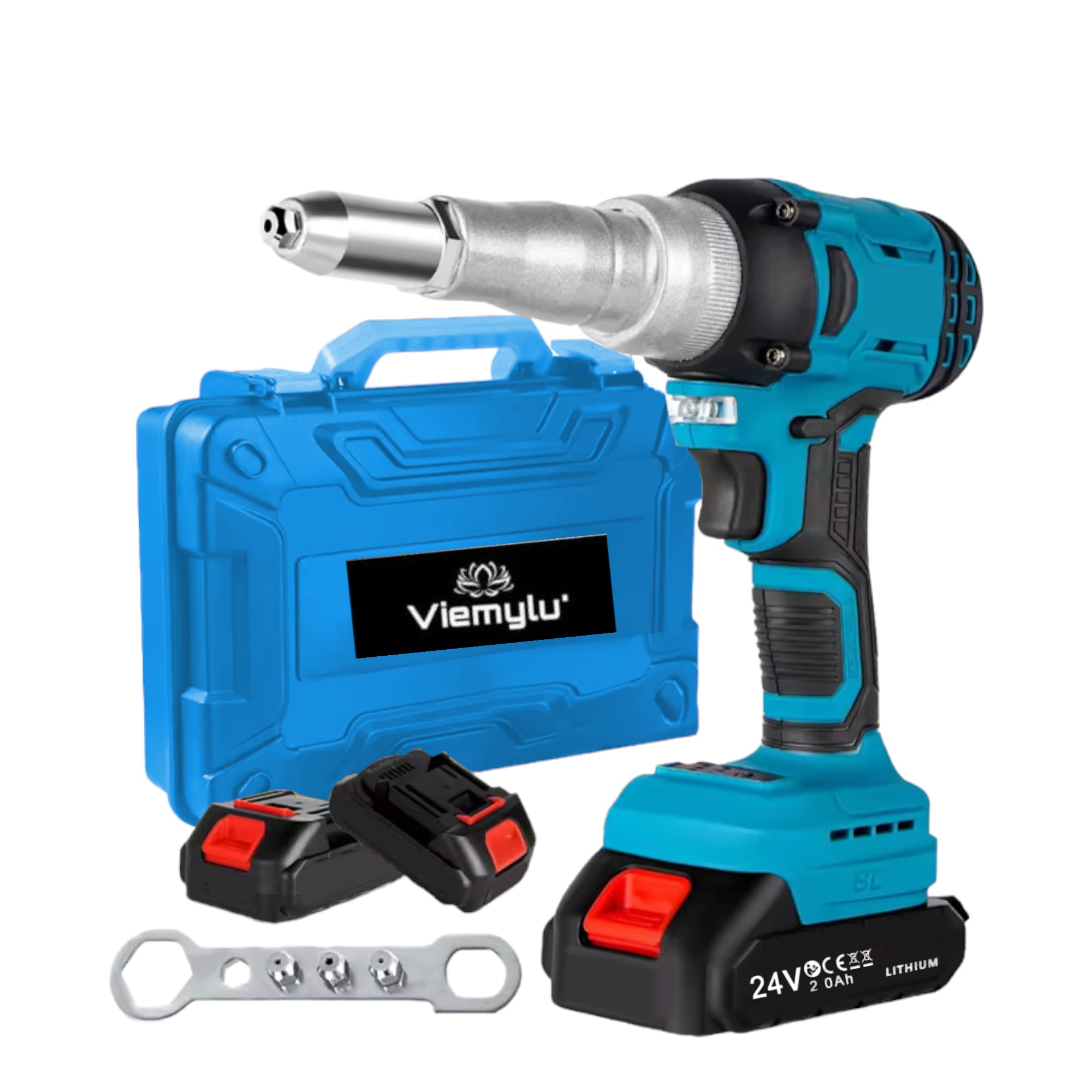 Remachadora a batería 24 V Brushless – Remachadora automática para remaches ciegos 3-5 mm, fuerza de tracción 10000N, par 140 Nm, 2 baterías incluidas