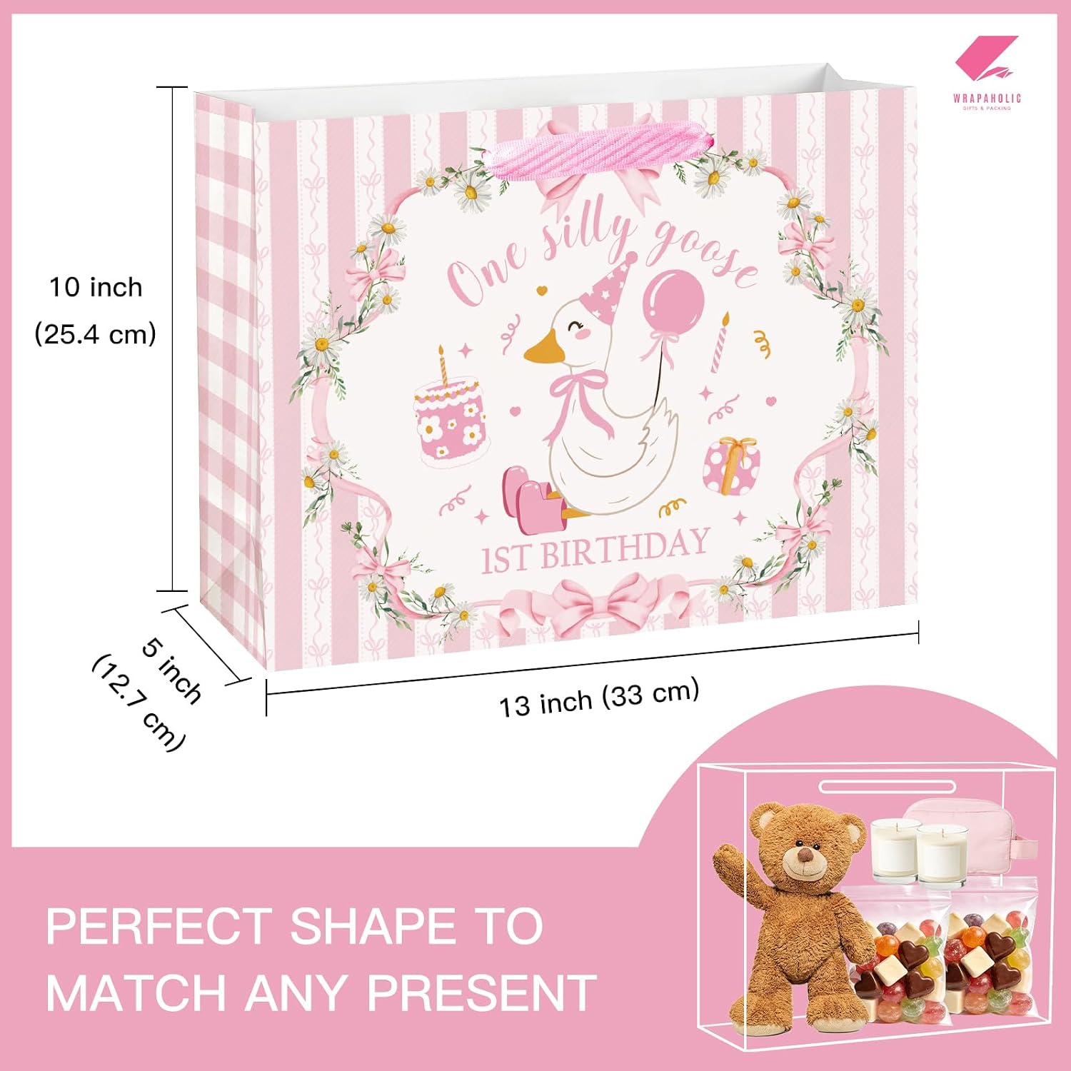 WRAPAHOLIC 13" Large Silly Goose 1st Birthday Gift Bag with Tissue Paper - Pink One Silly Goose Paper Bags for Girls Birthday Baby Girl Shower and Party image 2