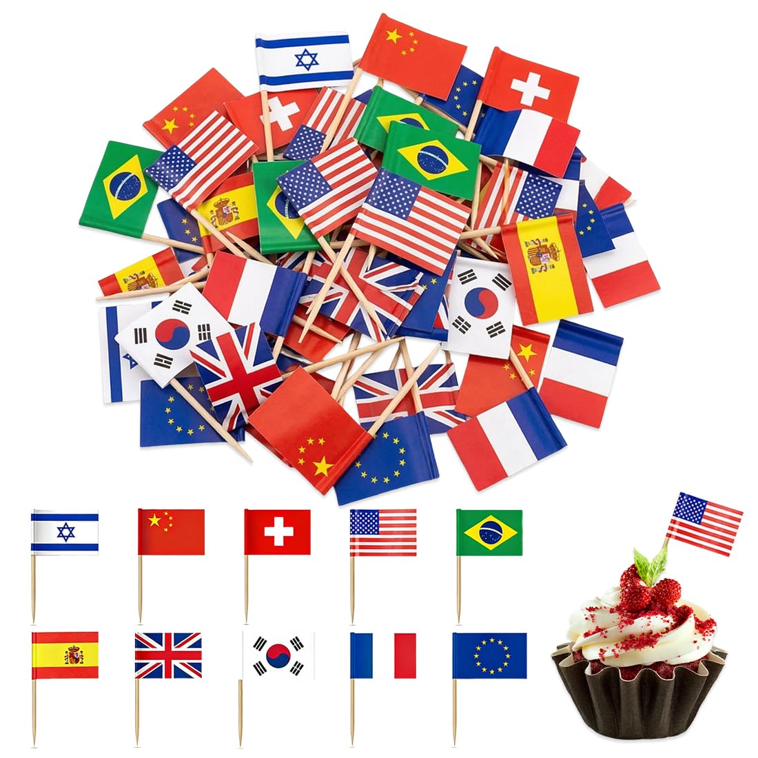100 Stuzzicadenti con Bandierine del Mondo, Stecchini in Legno e Bandierine di Carta 2,5x3,5 cm, Decorazione per Cocktail, Cupcake, Europei, Mondiali e Feste di Calcio