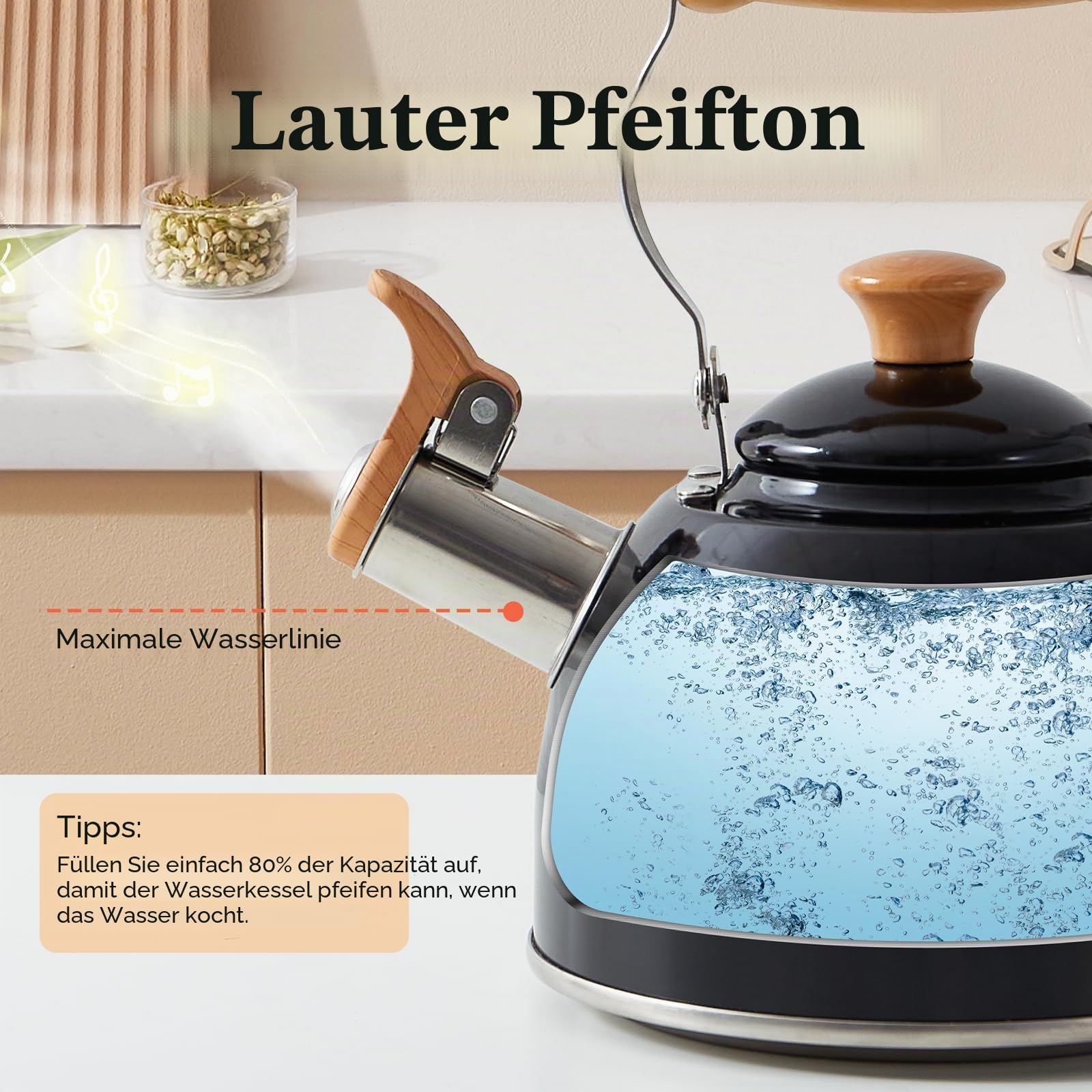 Wasserkessel Induktion, Flötenkessel für alle Herdarten, Edelstahl Teekessel Camping mit Holzgriff, Cool-Touch-Griff Teekanne Vintage 1.5L Schwarz
