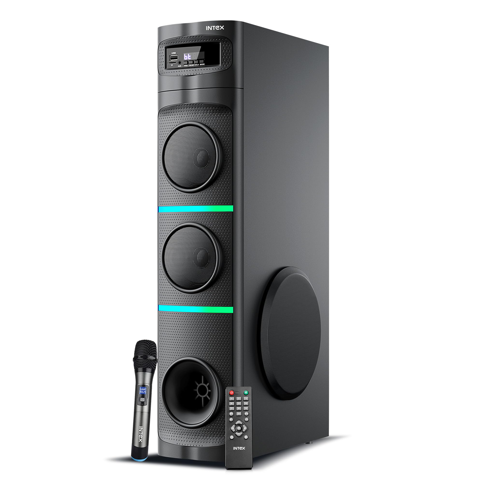 Intex 950-S Multimedia 95 W Bluetooth Tower Speaker | Wireless Karaoke Mic | Party Speaker & RGB Lights | LED Display & Bluetooth v5.1 | Fully Remote Control (Black)