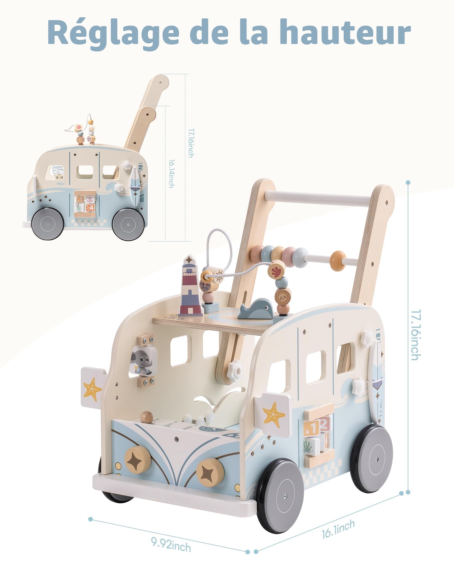 ROBUD Trotteur Bebe en Bois, Multifonction Chariot de Marche Bébé avec Centre d’Activités, Hauteur et Vitesse Réglables, Enfants Jouets Cadeau pour Fille Garçon de 10 Mois à 2 Ans (Bus de Vacances)