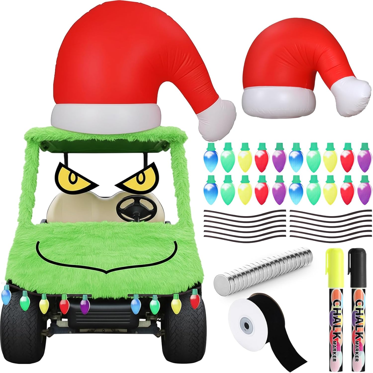 Yookeer Christmas Golf Cart Decoration Kit Large Inflatable Santa Hat for Car Christmas Golf Cart Accessories Reflective Bulb Light Shaped Magnets Car Covers for Holiday Decorations(Green)