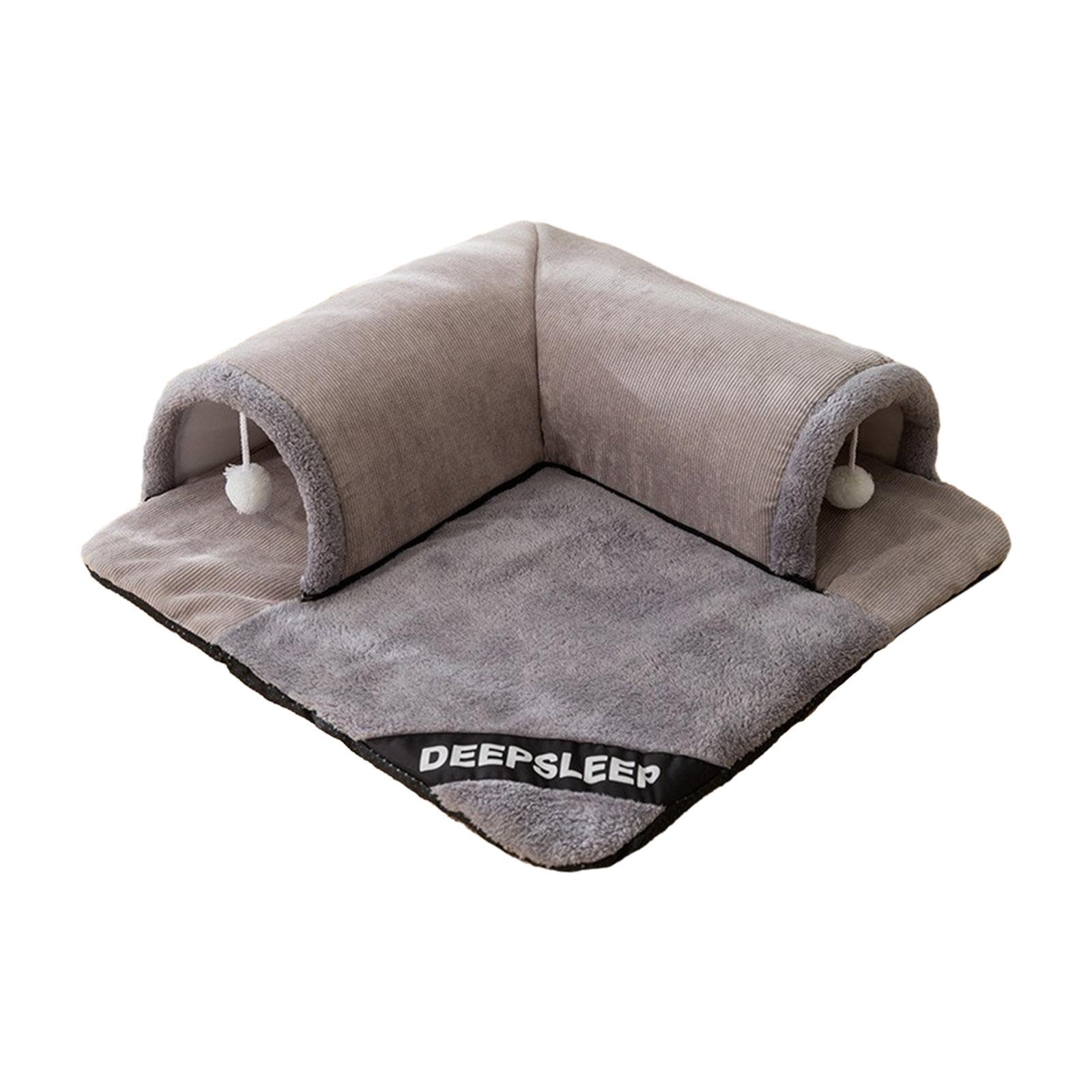 Lit tunnel pour chats gris avec cachette interactive et tapis amovible pour chaton intérieur