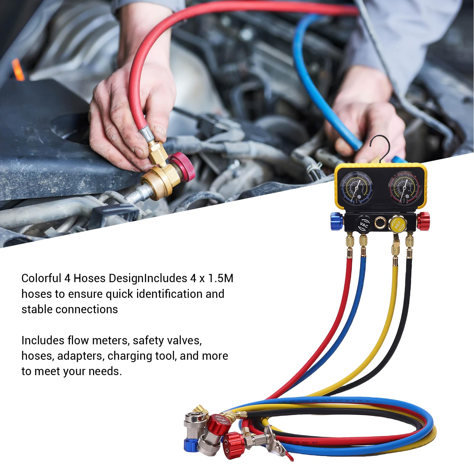 Set di Collettori HVAC a 4 Vie, Letture Accurate per Refrigeranti R32 R32 R134A R22, con Valvole R410A Meter e di Sicurezza per Uso Professionale e Domestico