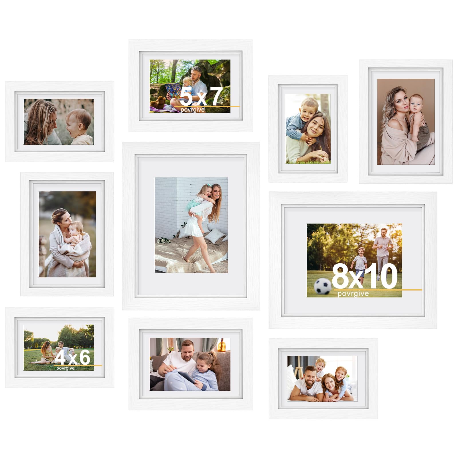 Povrgive Bilderrahmen 10er Set in verschiedenen Größen – Holz Fotorahmen für Collage Wanddeko mit Echtglas (20x25, 13x18, 10x15 cm)