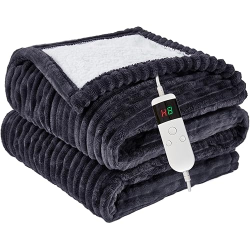 Heated Blanket Electric Throw, Soft Flannel Heating Blanket with 8 Hours Auto Off 10 Fast Heating Levels Machine Washable Sherpa Heated Blanket with Overheating Protection