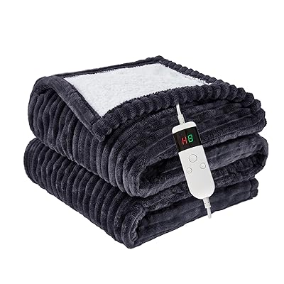 Heated Blanket Electric Throw, Soft Flannel Heating Blanket with 8 Hours Auto Off 10 Fast Heating Levels Machine Washable Sherpa Heated Blanket with Overheating Protection