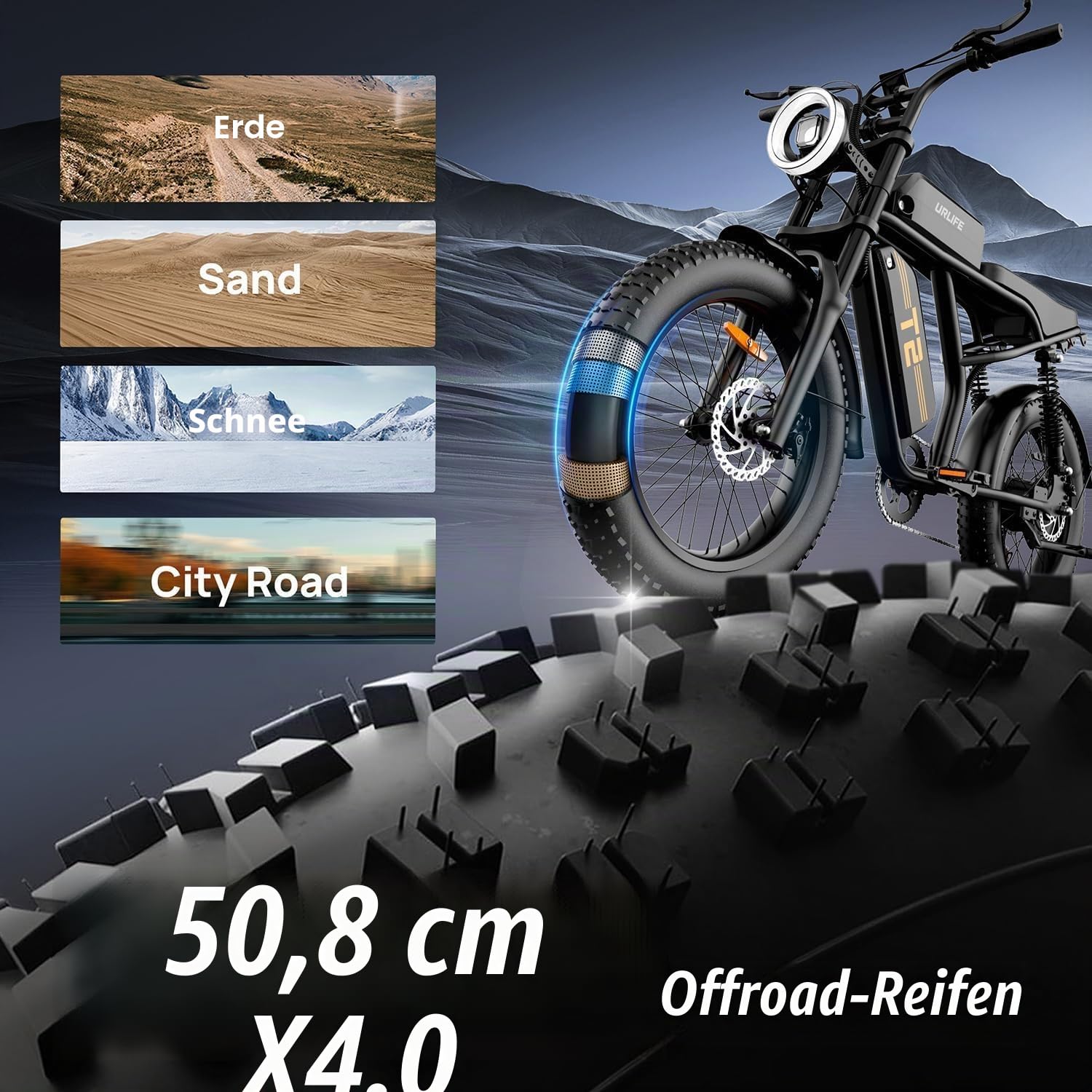 URLIFE 20" x4 Elektrofahrrad für Erwachsene, E-Mountainbike mit 48V 15,6Ah abnehmbarem Akku, LCD Display, 7-Gang, Reichweite bis zu 120km, All-Terrain Fat Tire E-Bike mit Vollfederung