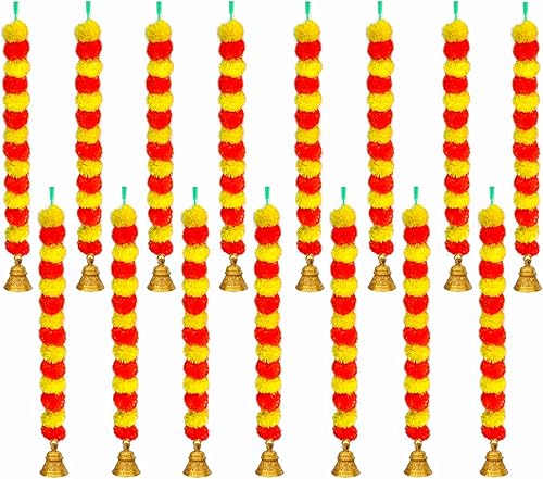 Guirnalda de caléndula artificial con campana en la parte inferior utilizada para decoración de Diwali, regalo Diwali, decoración del hogar, color