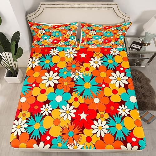 Cartoon Flowers Fitted Sheet,Retro Colorful Floral Plant Bed Cover All-Round Elastic Deep Pocket For Kids Boys,Psychedelic Abstract Art Soft Microfiber Bed Sheet(1 Pillow Sham), Twin Size #TOP24