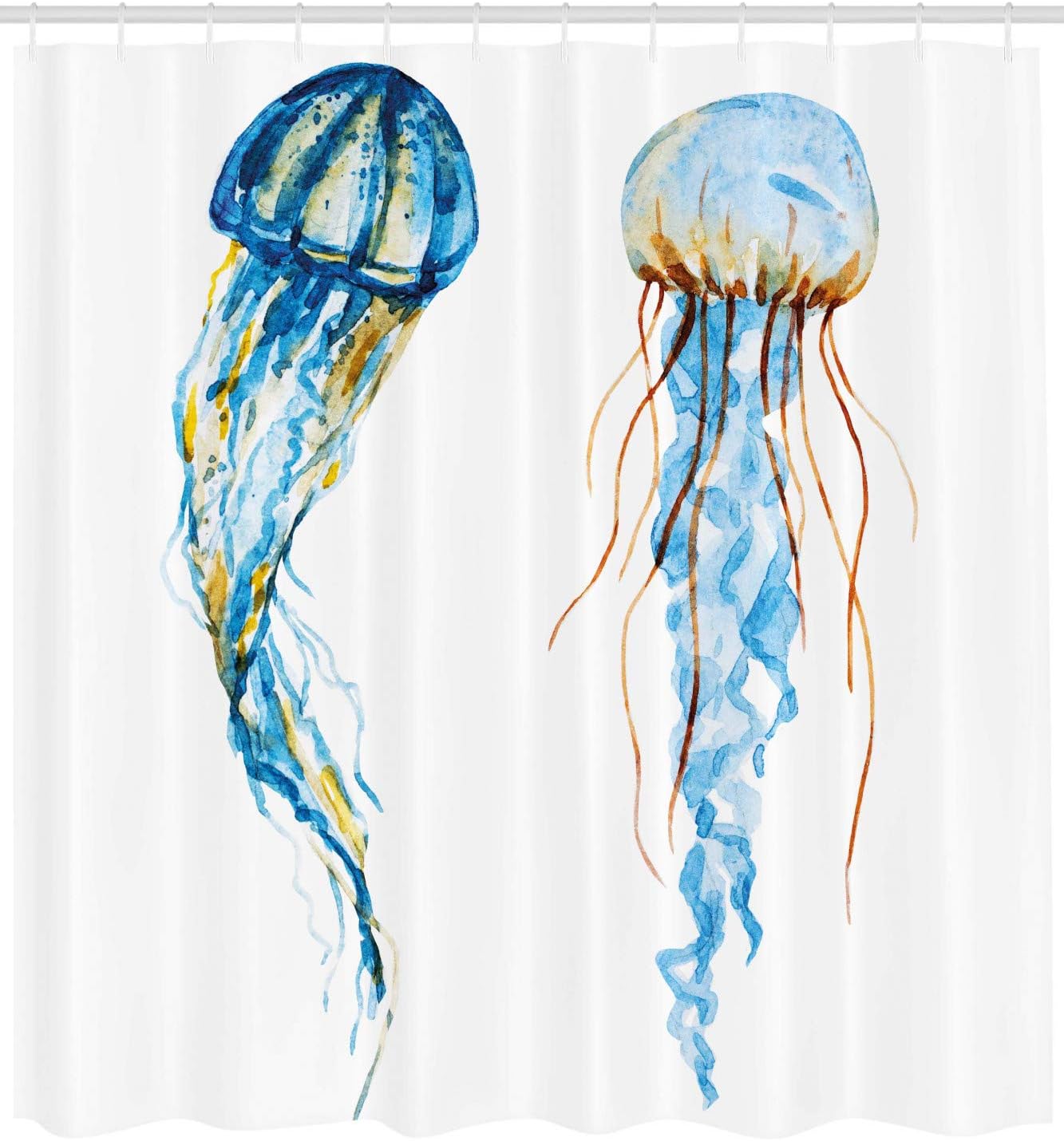 Ambesonne Jellyfish Shower Curtain, Jellyfish Exotic Sea Ocean Creature Aquatic Animals Watercolor Raster Graphic, Cloth Fabric Bathroom Decor Set with Hooks, 69" W x 70" L, Turquoise Blue
