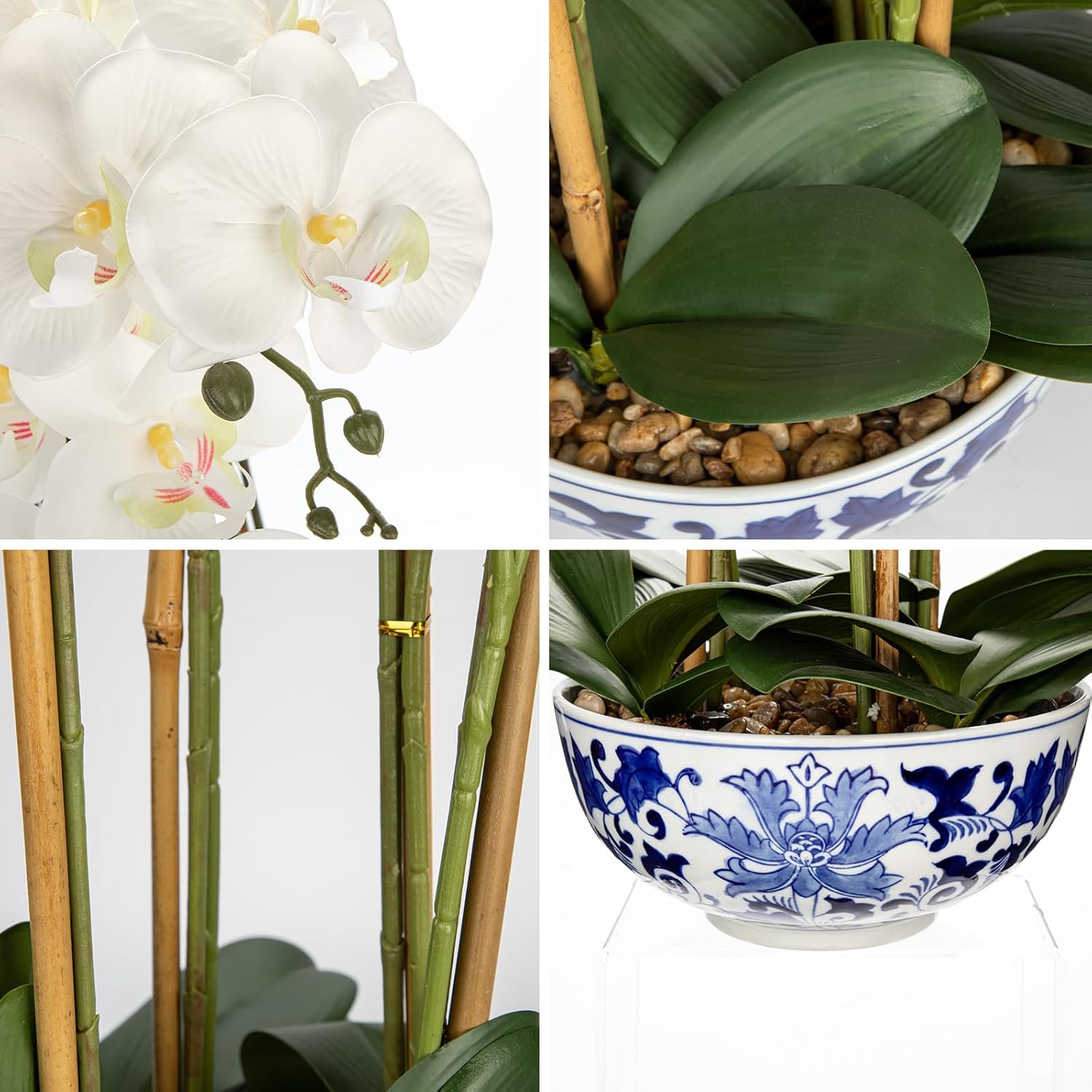 Briful Large Orchid Fake Flower in Blue and White Porcelain Bowl 24.8" White Orchid Silk Floral Arrangement Faux Phalaenopsis Flower for Home Office Room Kitchen Table Centerpiece Decor - Image 3