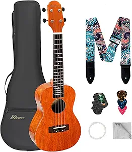 Ulumac Concert Ukulele, All Solid Mahogany 23inch Ukelele for Adults Kids Beginner with Gig Bag, Digital Tuner, Replacing Strings, 3 Guitar Picks, Strap, Cloth
