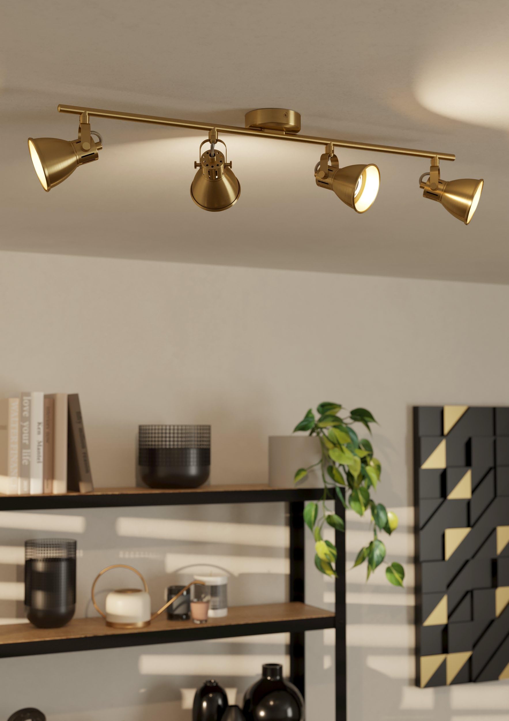 Eglo plafoniera LED Seras, plafoniera con 4 spot, barra orientabile, lampada da soggiorno in acciaio in ottone spazzolato e oro, illuminazione da soffitto con lampadina GU10, bianco caldo