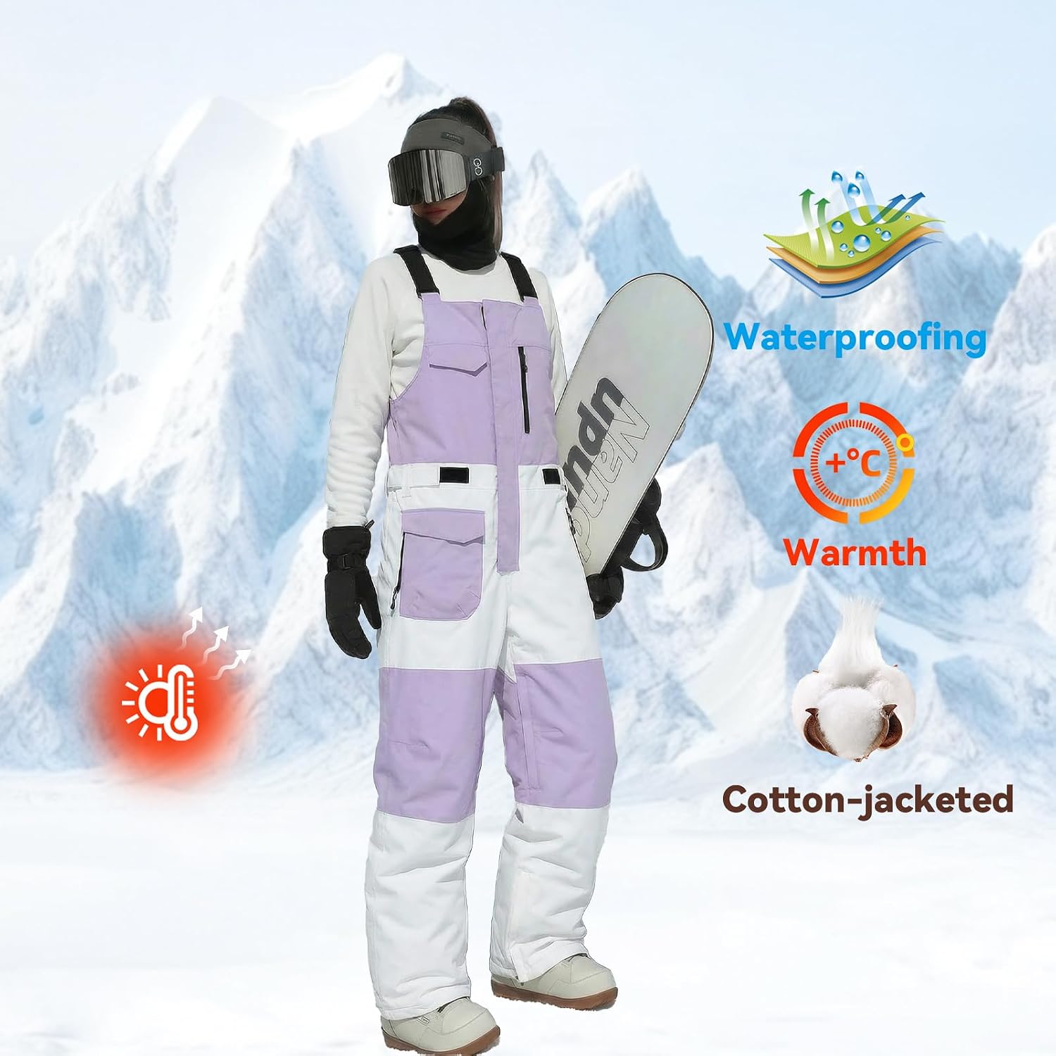 Ski Bibs Women and Mens,Waterproof Insulated Bibs, Windproof Adjustable Ski Overalls for Snowmobile Snow Sports