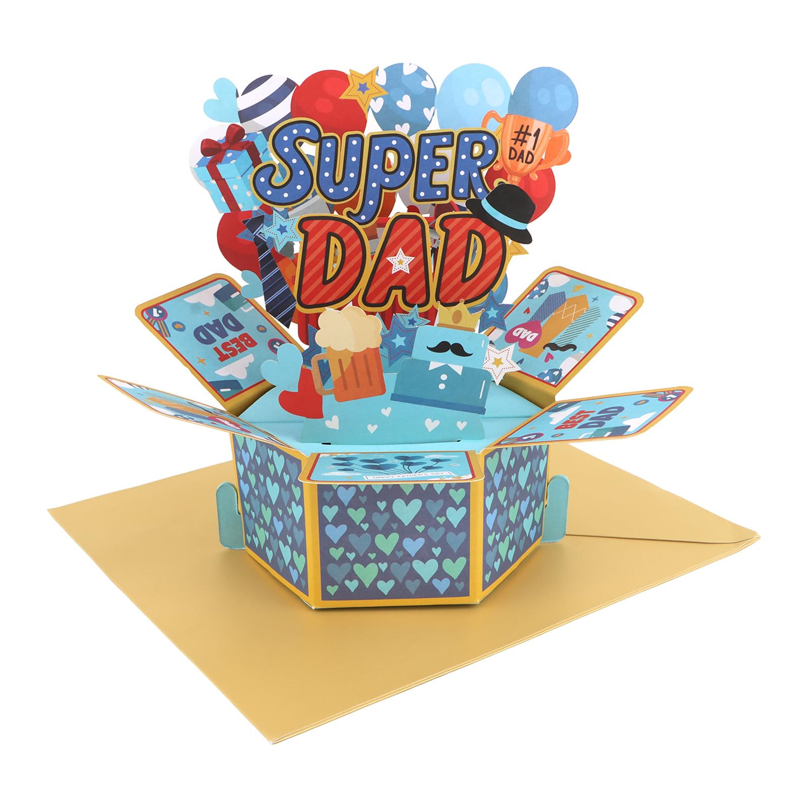 Luixenir Fathers Day Pop Up Card, Super Dad 3D Explosion Box Greeting Card, Handmade Paper Craft Card With Balloon Trophy Beer Pattern For Dad Papa Husband Father Gift