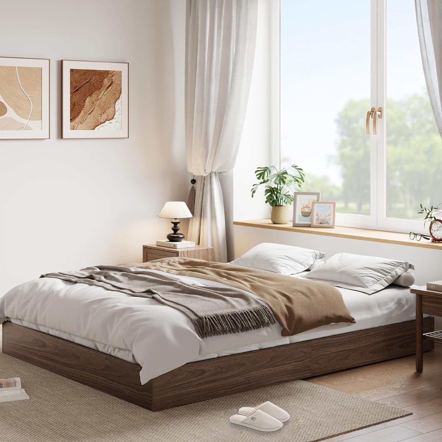 Twin Size Solid Wood Platform Bed with Sturdy Wooden Slats, Floor-Standing Bed Frame, Modern Minimalist Design Space-Saving Bed Frame, No Box Spring