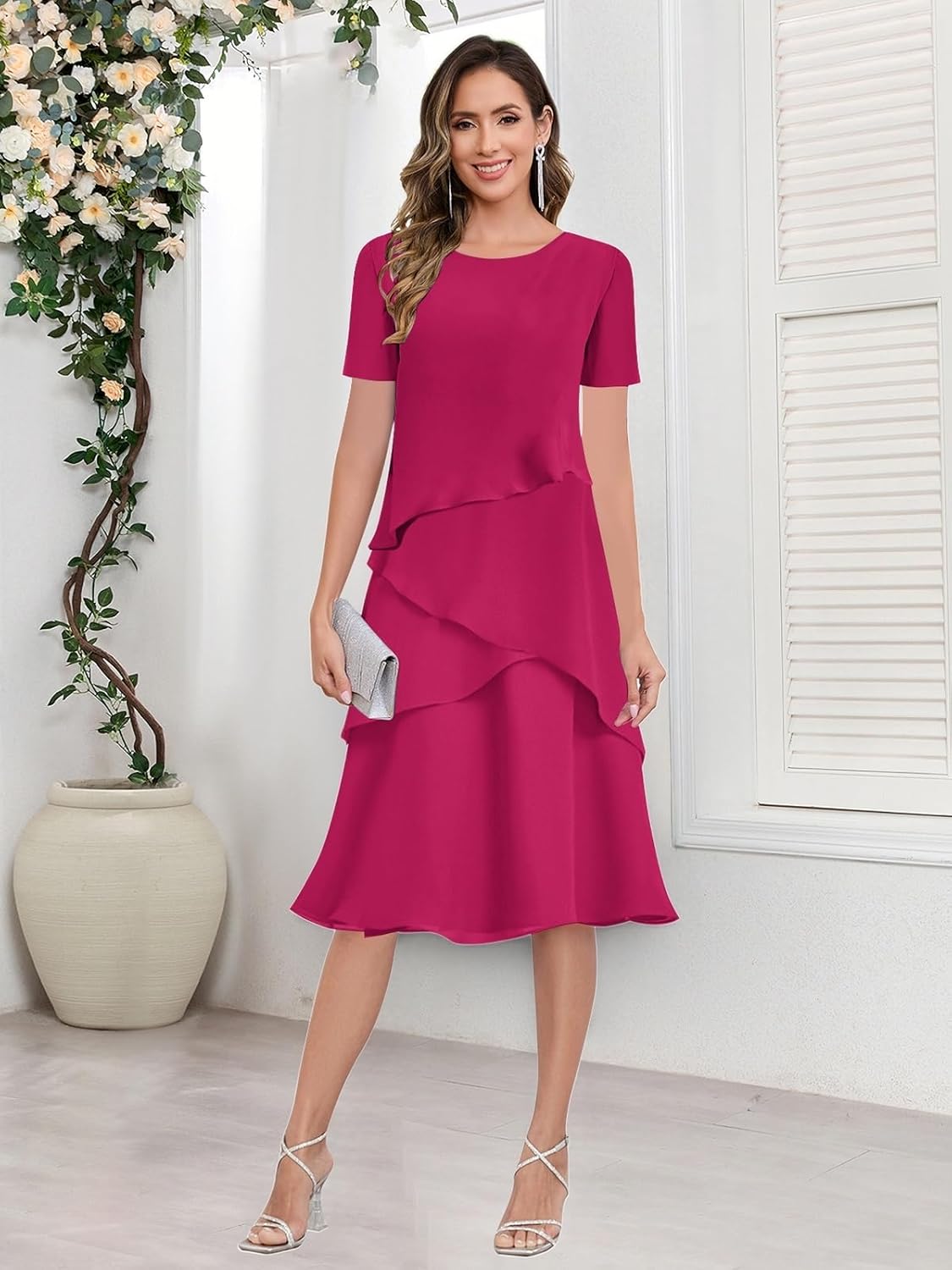 Tea Length Mother of The Bride Dresses for Women Chiffon Ruffle Formal Dress for Wedding - Image 4
