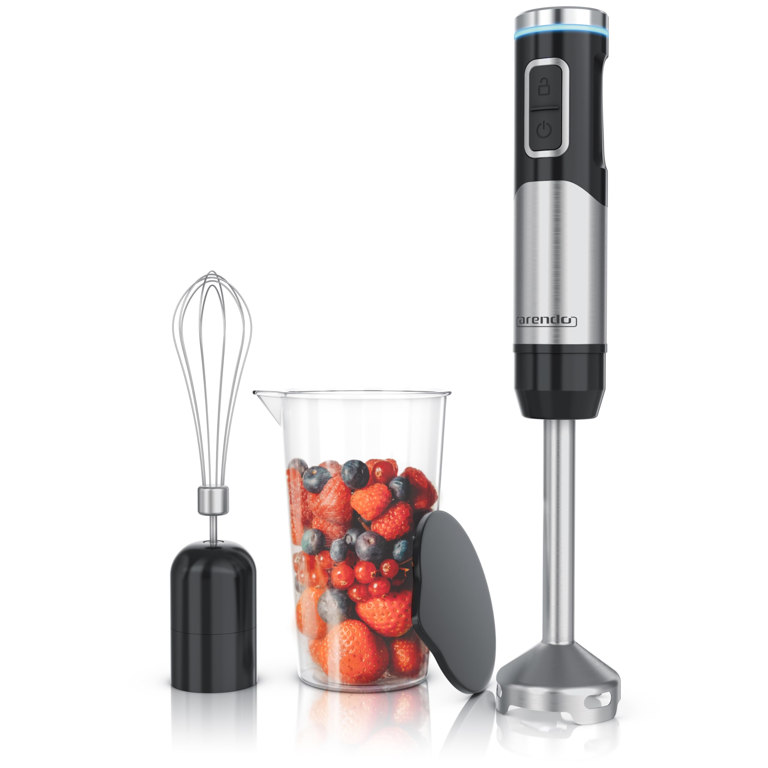Arendo - Mixeur plongeant sans fil - 200 W - Avec batterie - Batteur à main en acier inoxydable - Batteur à purée - Fouet - Verre doseur - Vitesse continue - Verrouillage des touches - Set
