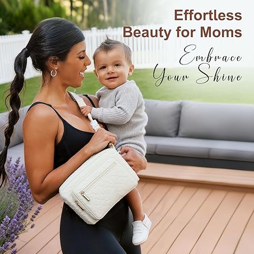 Miniatura 8 de Rexmore Riñonera para pañales con cambiador portátil, cintura cruzada ajustable para mujer, Blanco hueso, Bolsa de pañales pequeña de moda