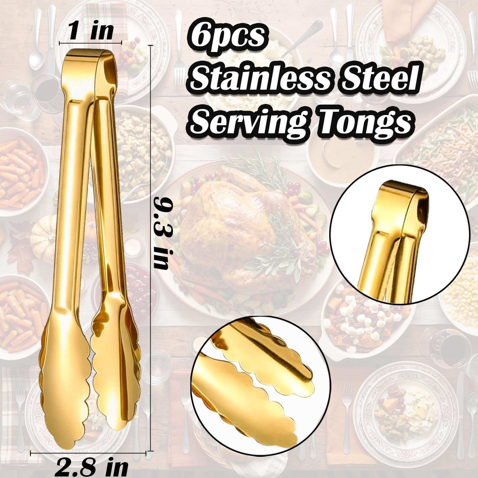 Stainless Steel Serving Tongs - 6 Pack Gold -5