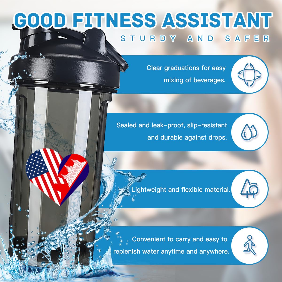 Heart America Flag and Cambodian Flag 18 Ounce Shaker Cup,Fashion Theme Pattern Shaker Bottle Leak-proof Workout Shake Bottles 500ML/18 oz Perfect for Pre Workout-3