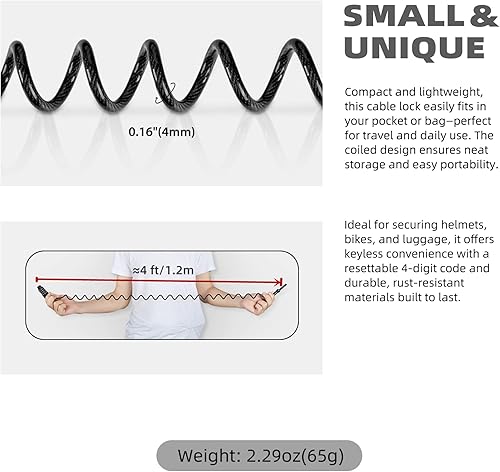 Miniatura 2 de Pequeño Combo Cable de bloqueo de bicicleta, cerradura de cable de combinación retráctil con código, para equipaje seguro de viaje, maleta, scooter