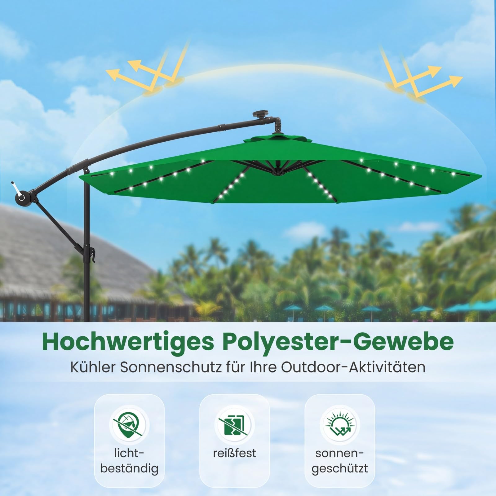 COSTWAY Parasol przeciwsłoneczny 300 cm ze stojakiem i diodami LED, parasol przeciwsłoneczny z korbą, parasol ogrodowy, ochrona przed promieniowaniem UV, parasol na taras, do ogrodu, na basen, taras