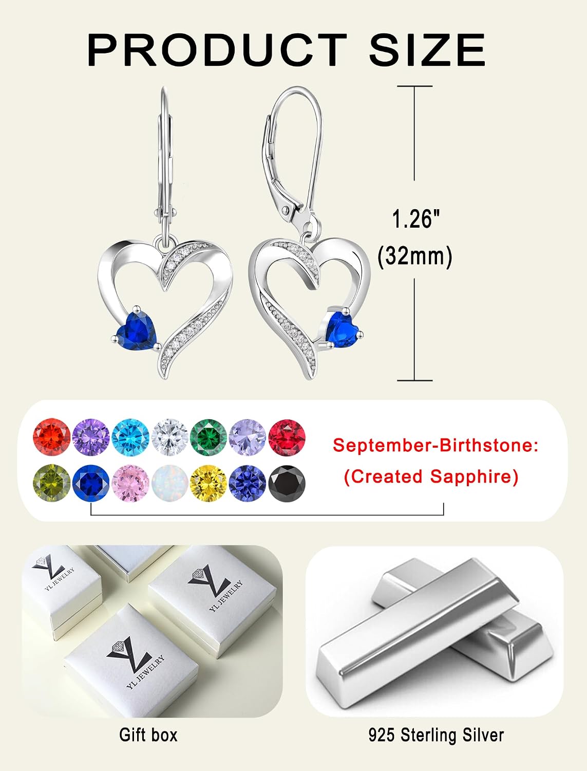 YL Heart Dangle Earrings 925 Sterling Silver Drop Earrings Birthstone Leverback Jewelry for Women