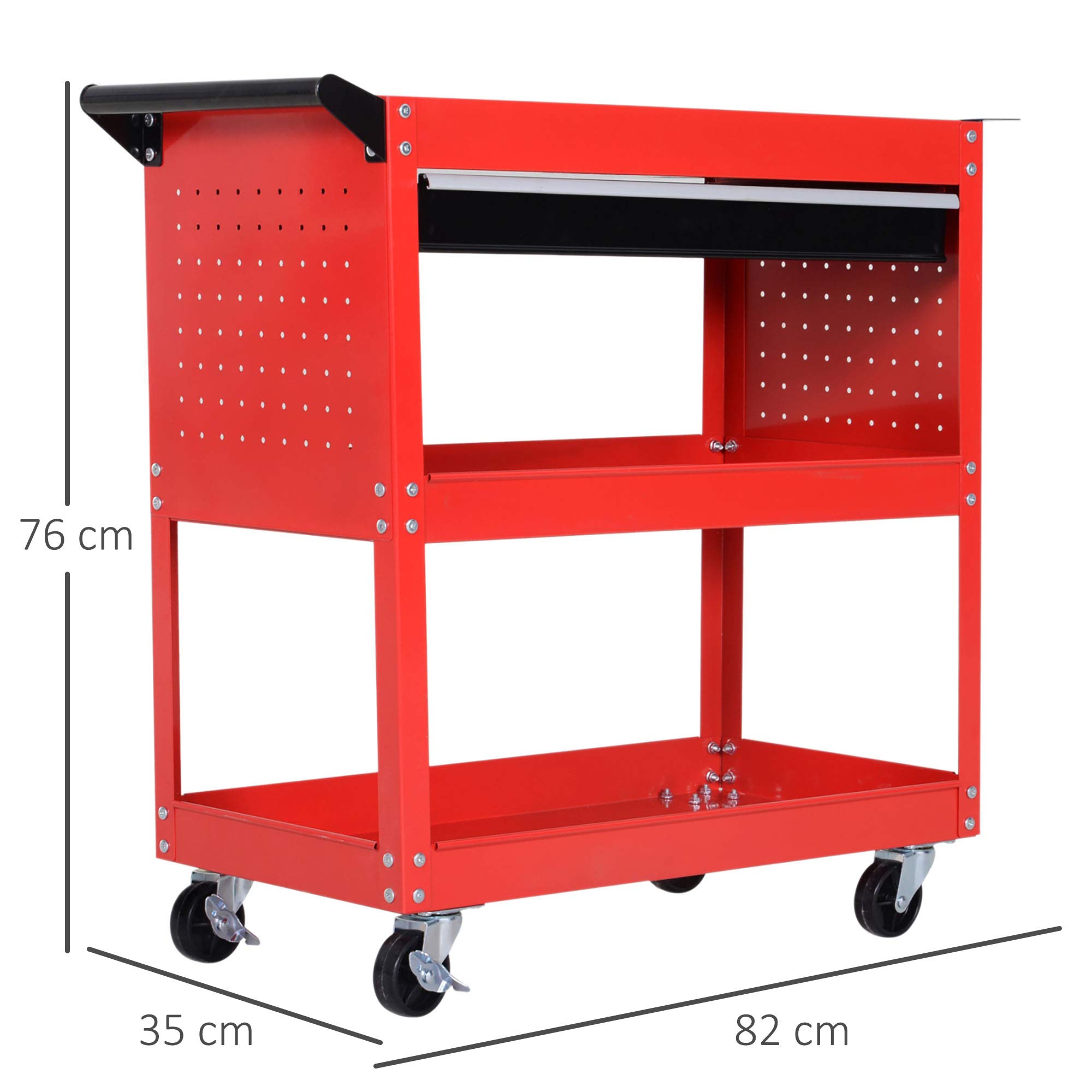 DURHAND Carrello Porta Attrezzi con Cassetto e 3 Ripiani, 4 Ruote, Lamiera di Acciaio, 82x35x76 cm, Rosso