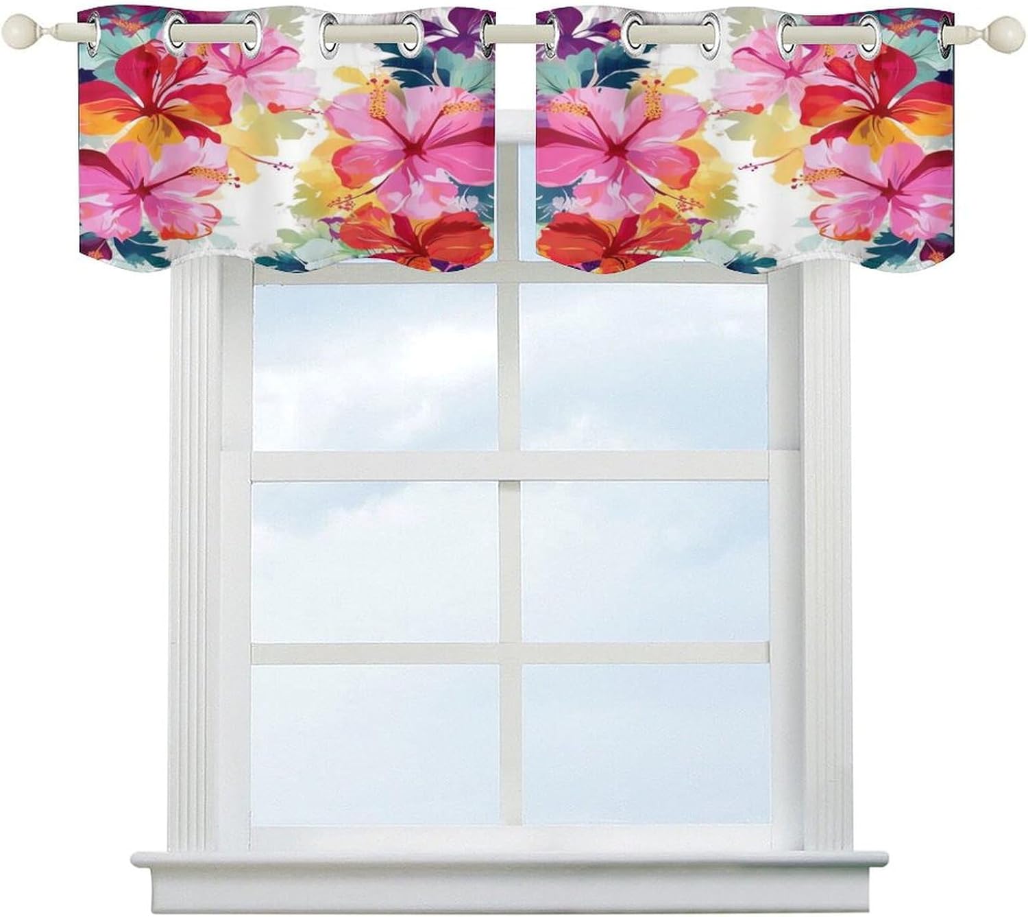 Hawaiian Flower Print Printed Short Window Curtains, Grommet Small Valance, Decorative Short Curtains Suitable for Window Sills in Bedrooms, Living Rooms, Kitchens, Etc